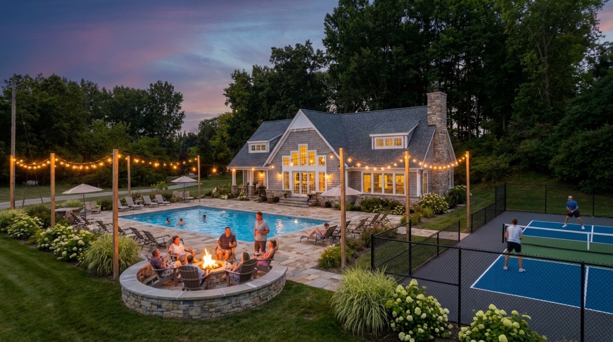 Clubhouse with pool and pickleball courts at dusk