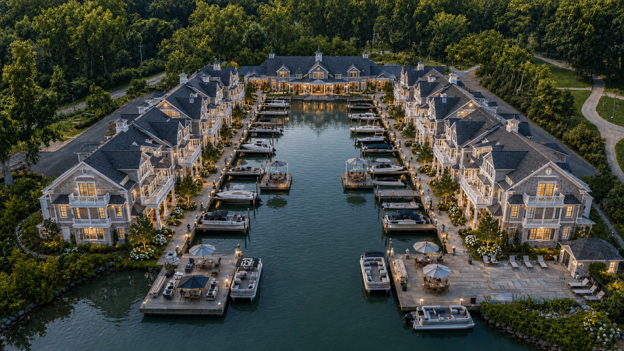 Luxury marina condominiums at dusk