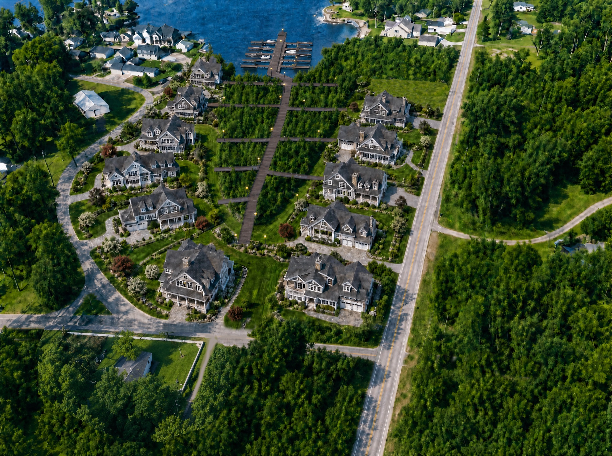Concept aerial of the eleven estates with walkway to the shared marina